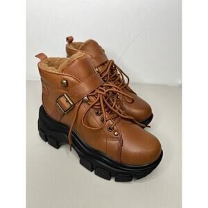 New Jeffrey Campbell Accel Boot Lugged Sole Faux Fur Ankle Booties Tan Size 7